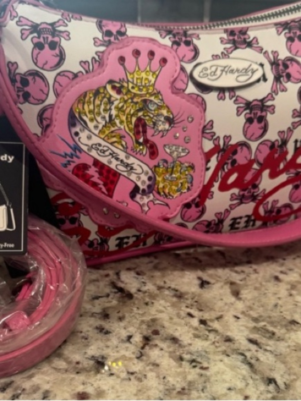 Ed Hardy Kids Pink Skull & Tiger Print Crossbody Bag - Picture 2 of 6